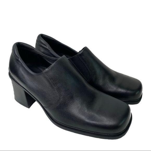 Ecco Shoes - Ecco Black Leather Slip On Heeled Square Toe Shoes Y2K 6.5 or 7